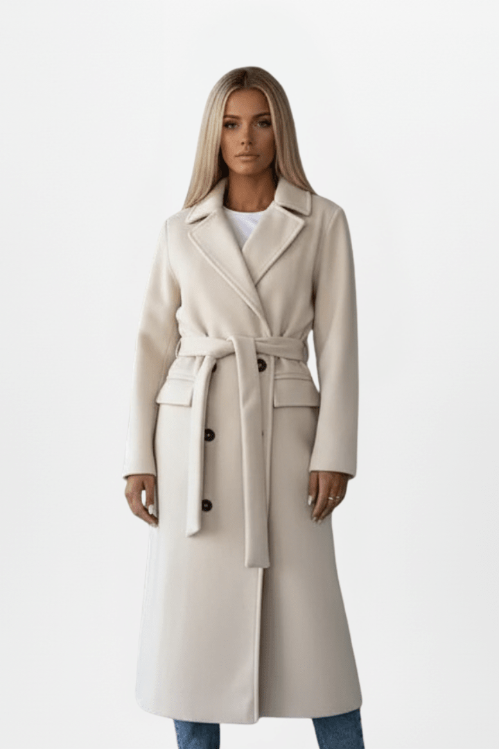 Women's double-breasted long coat featuring an adjustable waist belt, crafted from a warm polyester wool-blend, perfect for winter elegance and style. 0